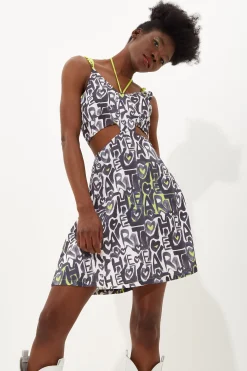 House Of Holland Abstract Print Mini Dress With Waist Cutouts With A T