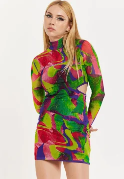 House Of Holland Abstract Multicolour Print Mini Dress With Cut Out De