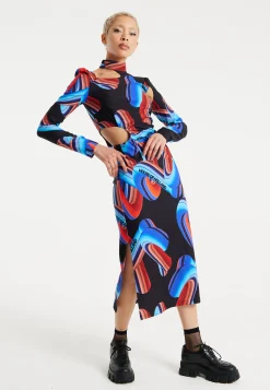 House Of Holland Abstract Print Midi Dress With Front Cut Out Detail