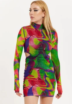 House Of Holland Abstract Multicolour Print Mini Dress With Cut Out De