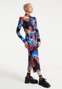 House Of Holland Abstract Print Midi Dress With Front Cut Out Detail