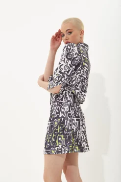 House of Holland Abstract Print Mini Shirt Dress with An Opening on Th