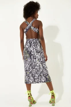 House Of Holland Abstract Print Midi Dress With An Open Crossed Back D