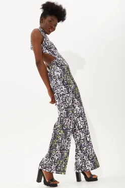 House Of Holland Abstract Print High Neck Jumpsuit With A Cut Out Back