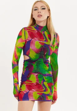 House Of Holland Abstract Multicolour Print Mini Dress With Cut Out De