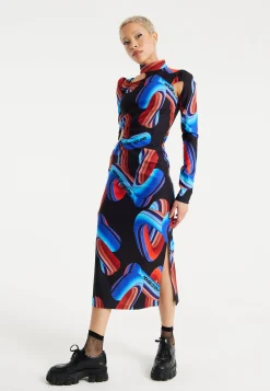 House Of Holland Abstract Print Midi Dress With Front Cut Out Detail