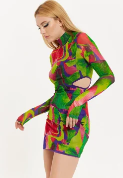 House Of Holland Abstract Multicolour Print Mini Dress With Cut Out De