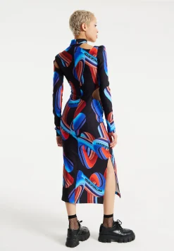 House Of Holland Abstract Print Midi Dress With Front Cut Out Detail