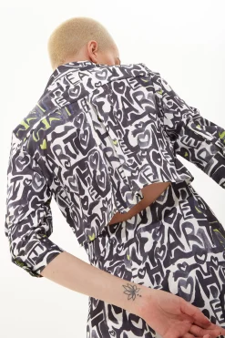 House of Holland Abstract Print Mini Shirt Dress with An Opening on Th