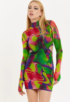 House Of Holland Abstract Multicolour Print Mini Dress With Cut Out De
