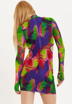 House Of Holland Abstract Multicolour Print Mini Dress With Cut Out De