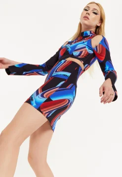 House Of Holland Abstract Print Mini Dress With Cut Out Details And Sl