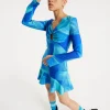 House Of Holland Aqua Mesh Abstract Wire Print Long Sleeve Dress With
