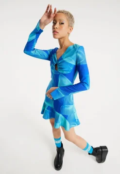 House Of Holland Aqua Mesh Abstract Wire Print Long Sleeve Dress With