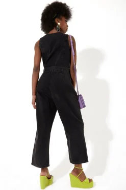 House of Holland Black 90’s Look Denim Jumpsuit With A Belt And Tortoi