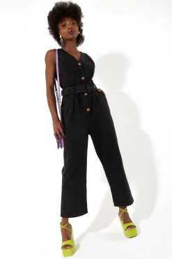 House of Holland Black 90’s Look Denim Jumpsuit With A Belt And Tortoi