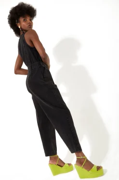 House of Holland Black 90’s Look Denim Jumpsuit With A Belt And Tortoi