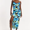 House Of Holland Blue And Black Printed Midi Dress With Cowl Neck