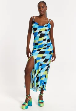 House Of Holland Blue And Black Printed Midi Dress With Cowl Neck
