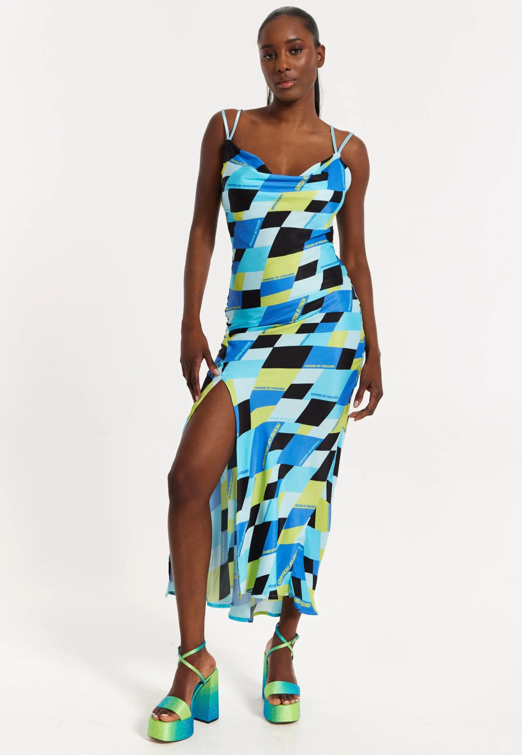 House Of Holland Blue And Black Printed Midi Dress With Cowl Neck