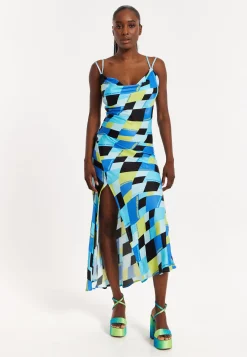 House Of Holland Blue And Black Printed Midi Dress With Cowl Neck