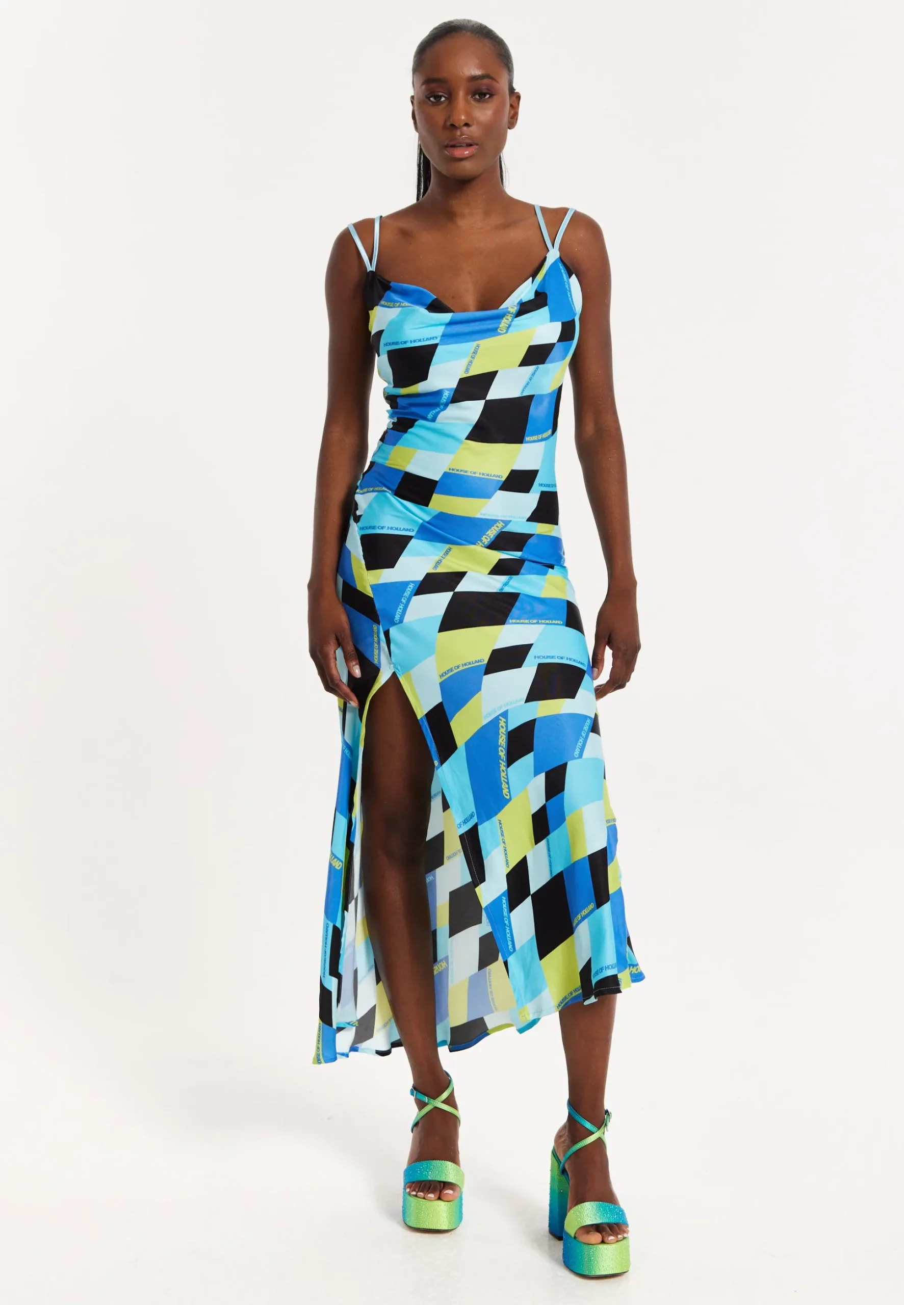 House Of Holland Blue And Black Printed Midi Dress With Cowl Neck