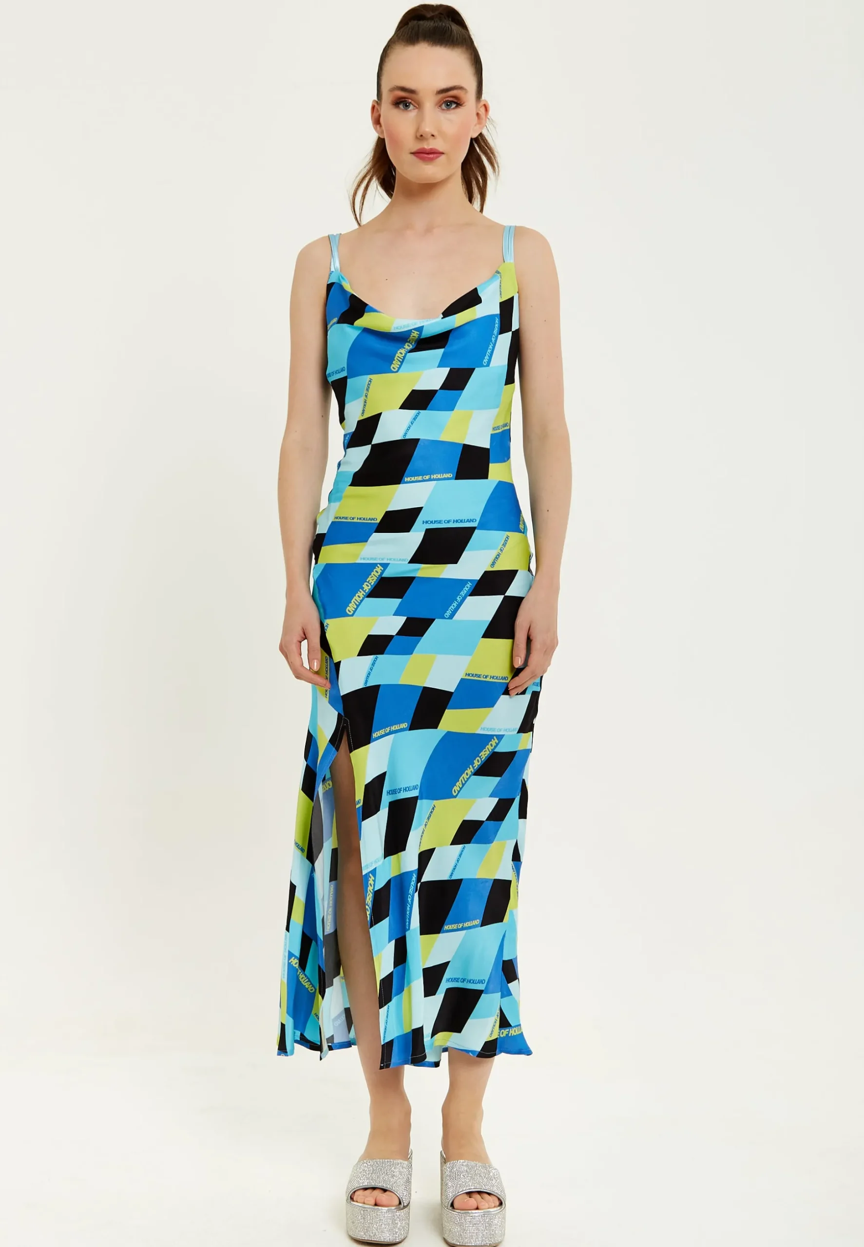 House Of Holland Blue And Black Printed Midi Dress With Cowl Neck