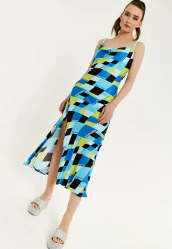 House Of Holland Blue And Black Printed Midi Dress With Cowl Neck