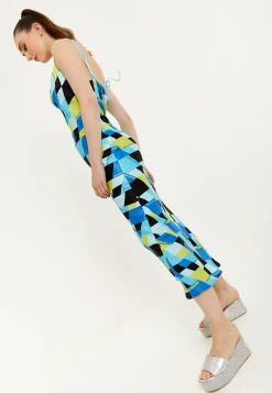 House Of Holland Blue And Black Printed Midi Dress With Cowl Neck