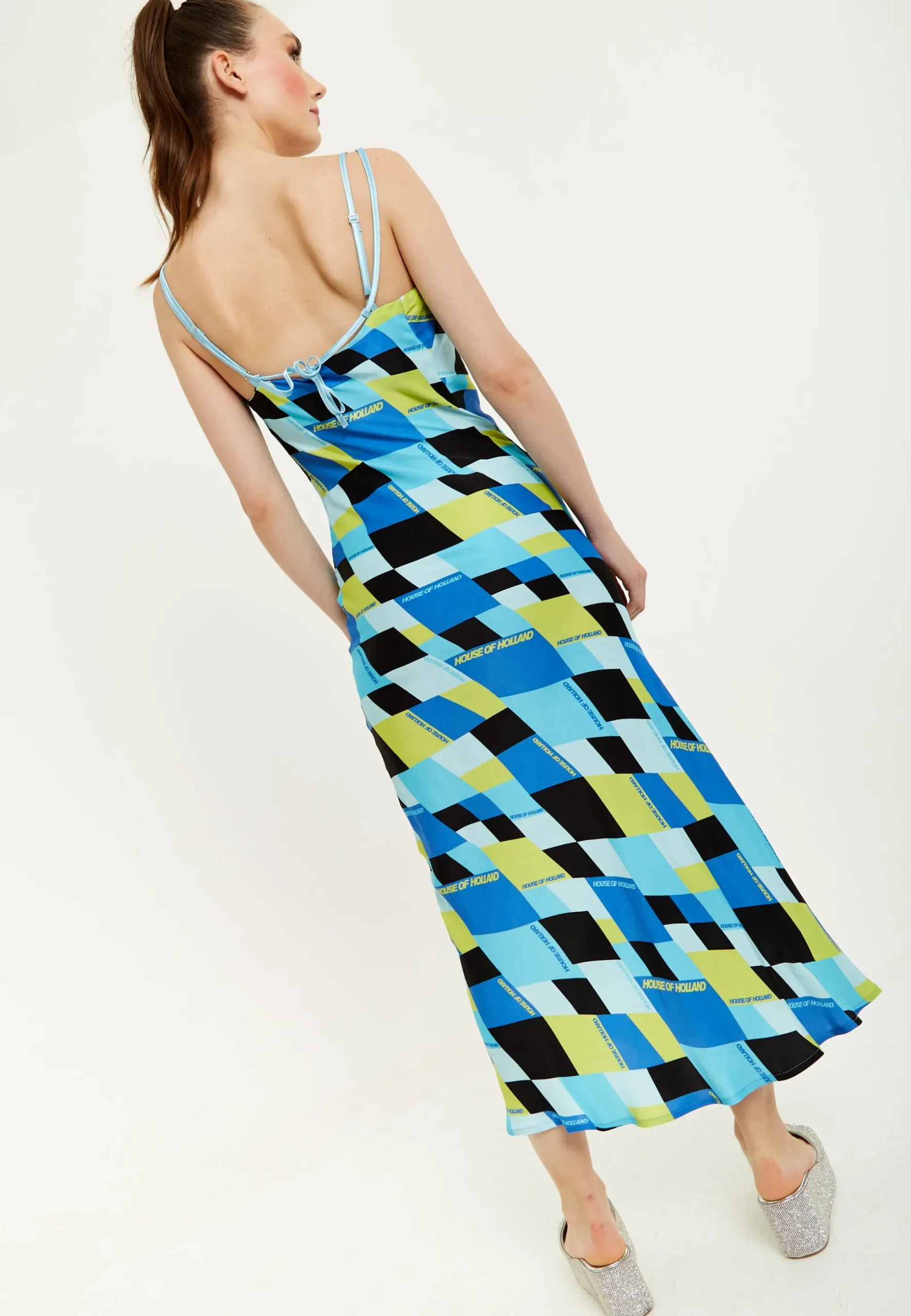 House Of Holland Blue And Black Printed Midi Dress With Cowl Neck
