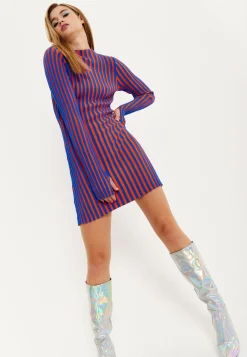 House Of Holland Blue And Orange Rib Knitted Mini Dress