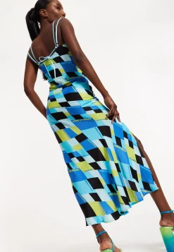 House Of Holland Blue And Black Printed Midi Dress With Cowl Neck