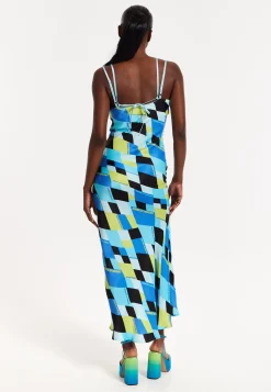 House Of Holland Blue And Black Printed Midi Dress With Cowl Neck