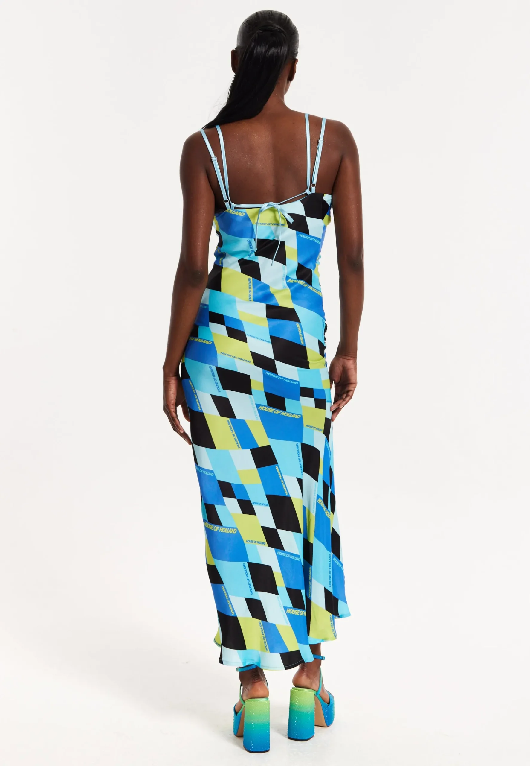 House Of Holland Blue And Black Printed Midi Dress With Cowl Neck