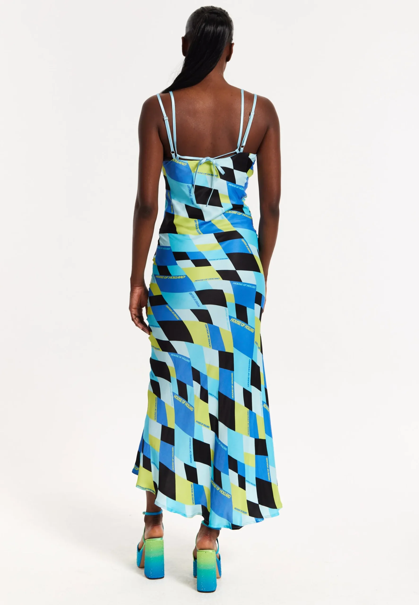House Of Holland Blue And Black Printed Midi Dress With Cowl Neck