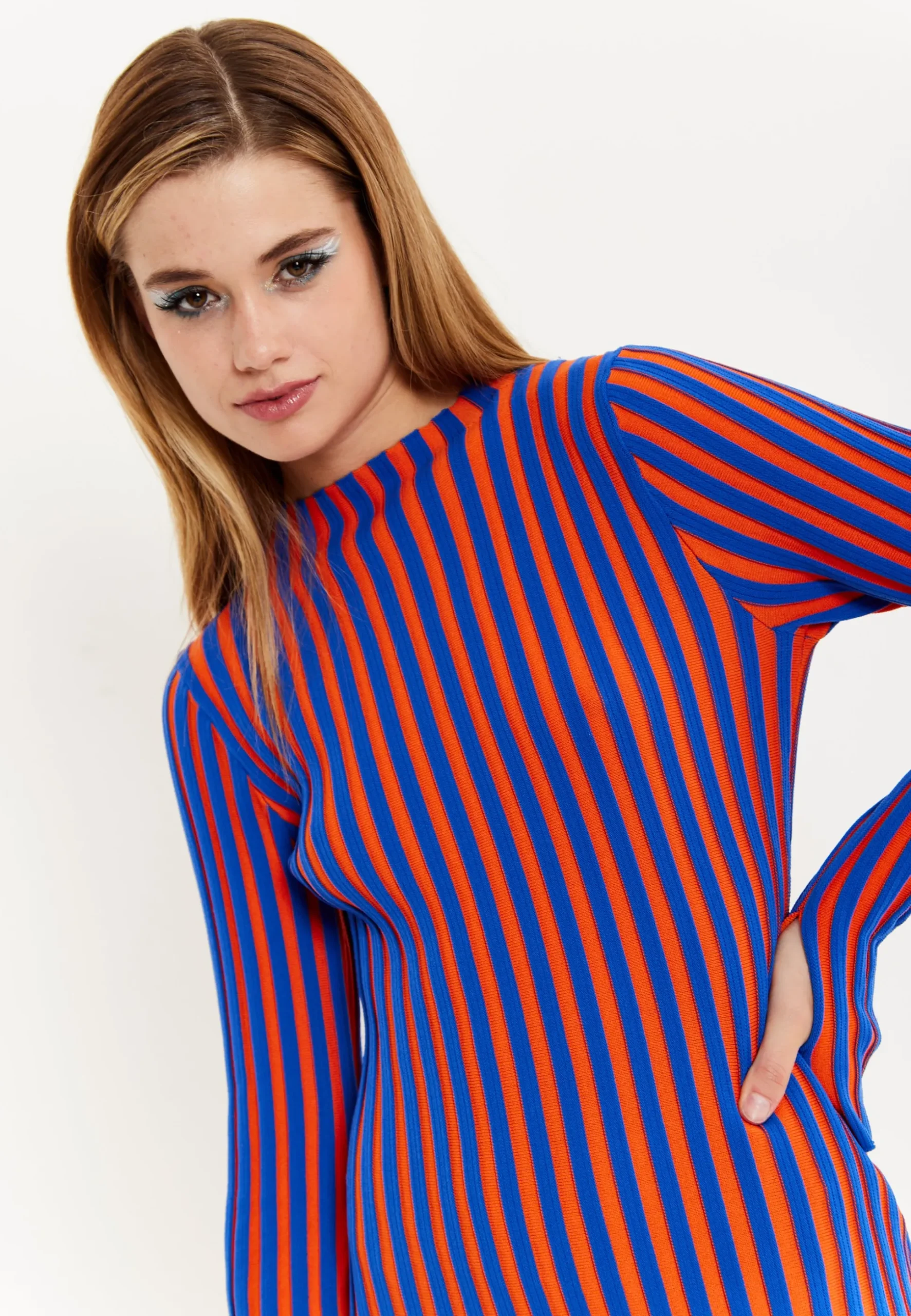 House Of Holland Blue And Orange Rib Knitted Mini Dress