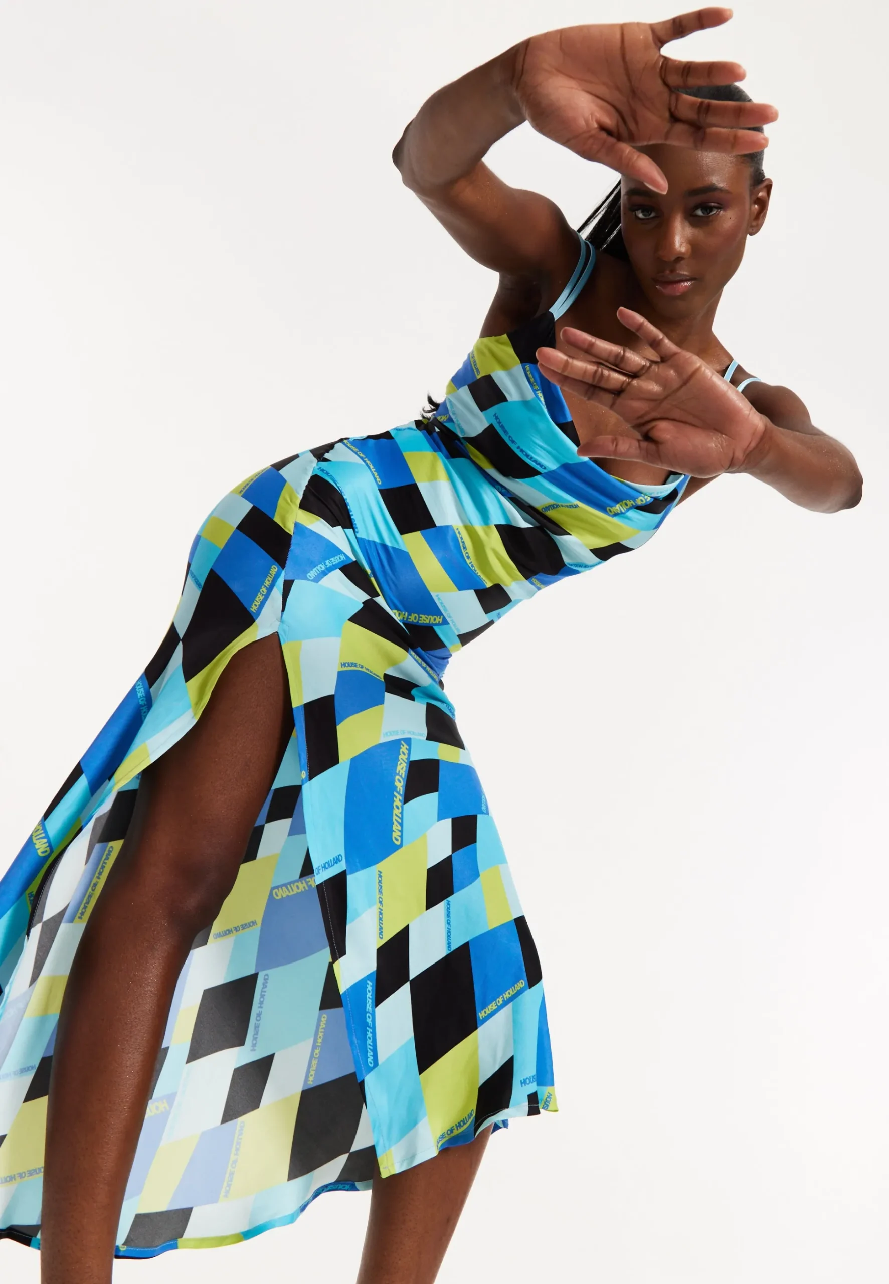 House Of Holland Blue And Black Printed Midi Dress With Cowl Neck