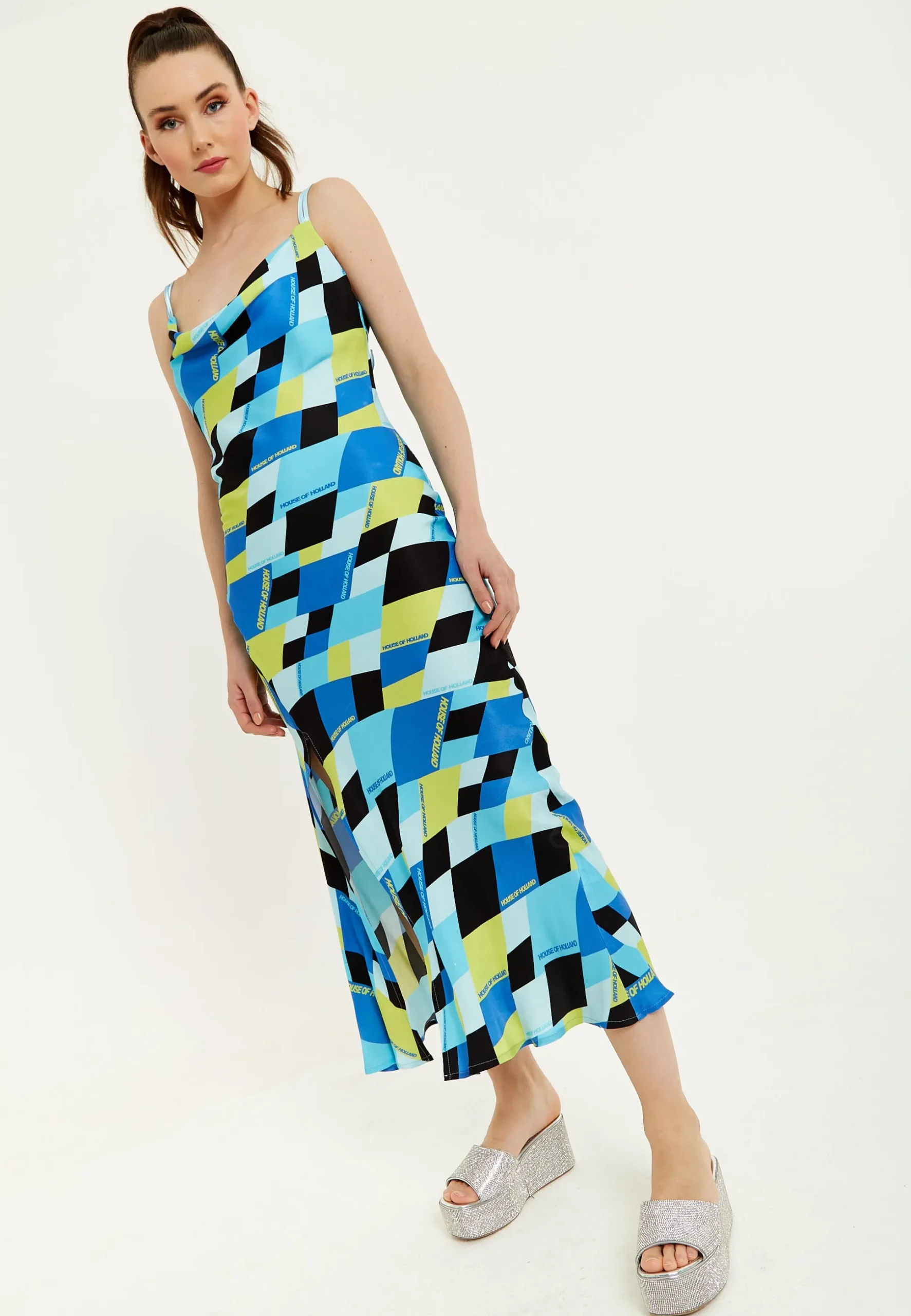 House Of Holland Blue And Black Printed Midi Dress With Cowl Neck