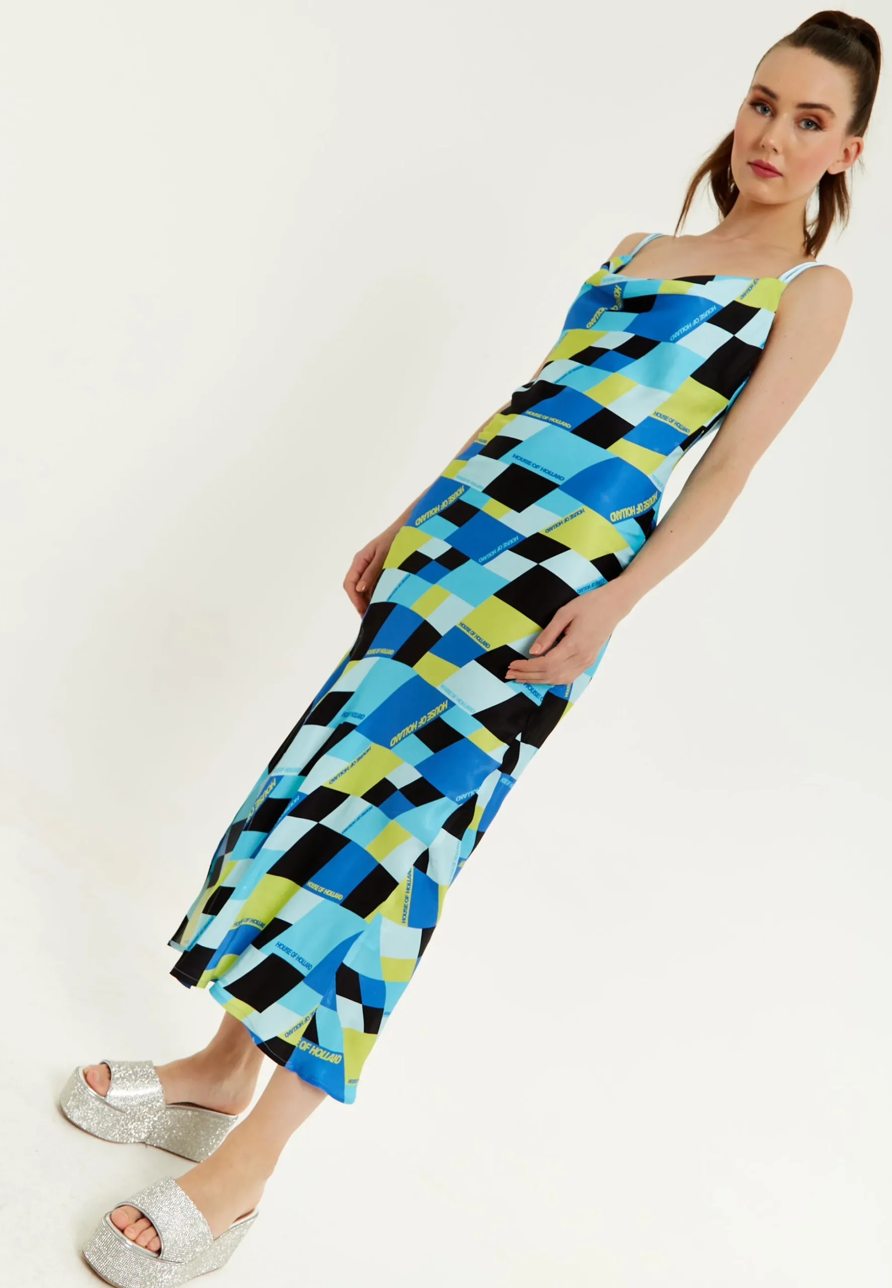 House Of Holland Blue And Black Printed Midi Dress With Cowl Neck
