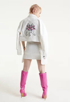 House Of Holland Bulldog Embroidered White Denim Jacket
