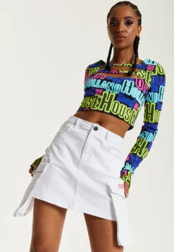 House Of Holland Cargo Pocket Denim Mini Skirt In White