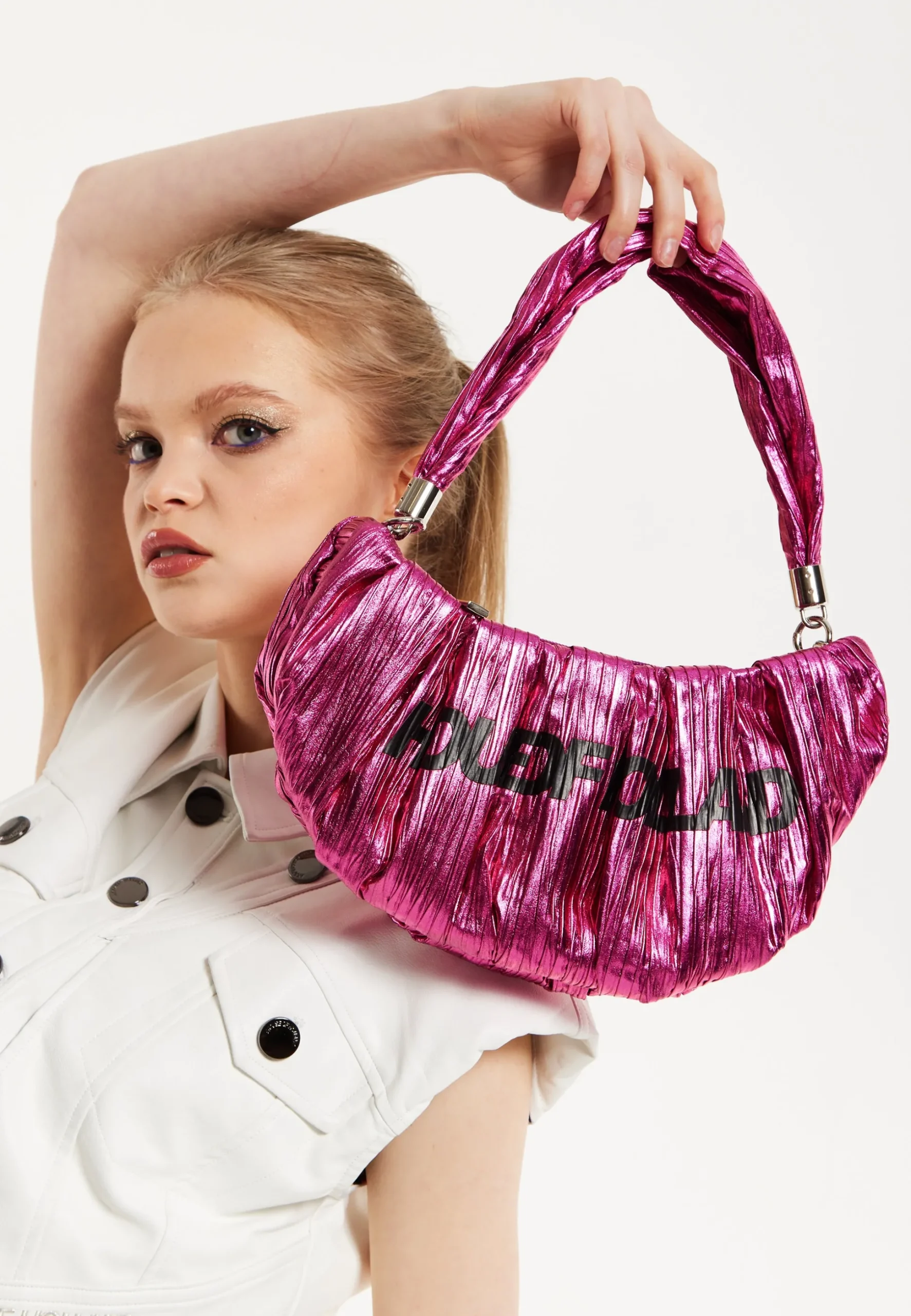 House Of Holland Crinkle Shoulder And Crossbody Bag Fuschia Pink