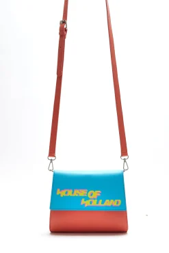 House Of Holland Cross Body Bag In Orange And Blue With A Printed Logo