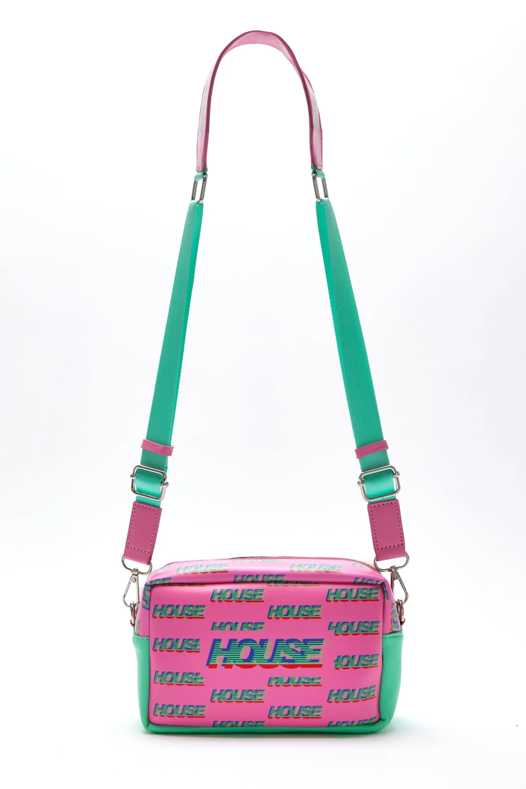 House Of Holland Cross Body Bag In Pink And Mint With ‘House’ Print
