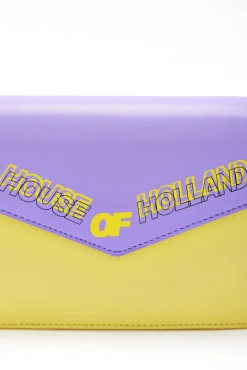 House Of Holland Cross Body Bag In Purple And Yellow With A Chain Deta