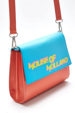 House Of Holland Cross Body Bag In Orange And Blue With A Printed Logo