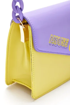 House Of Holland Cross Body Bag In Purple And Yellow With A Chain Deta