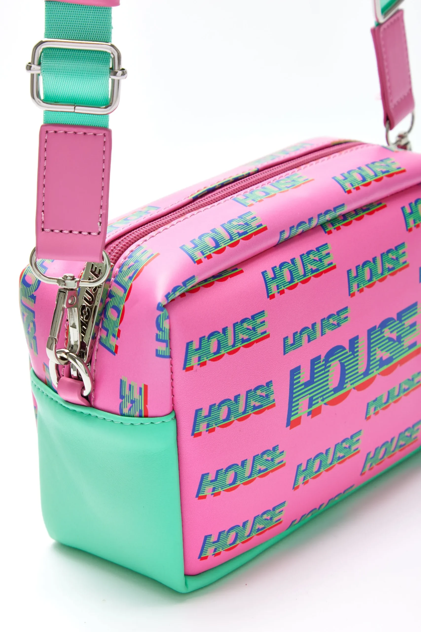 House Of Holland Cross Body Bag In Pink And Mint With ‘House’ Print