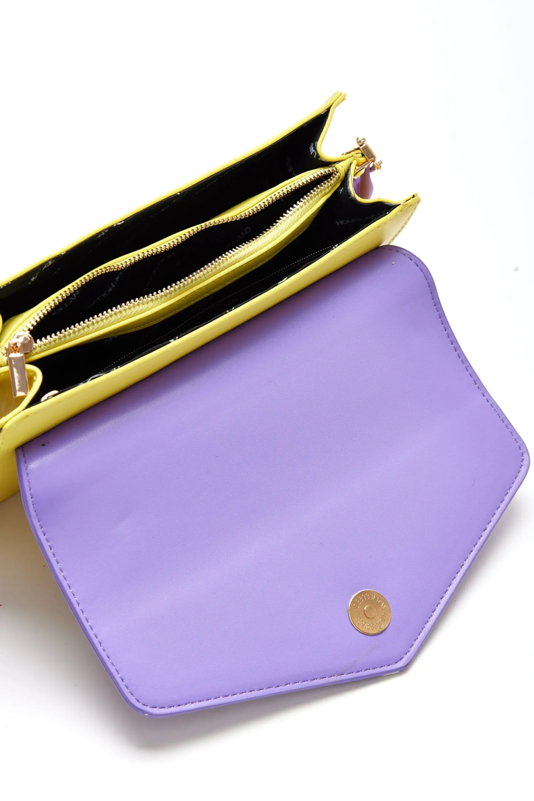House Of Holland Cross Body Bag In Purple And Yellow With A Chain Deta