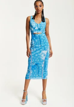House Of Holland Denim Print Midi Dress With Cut Out Detail